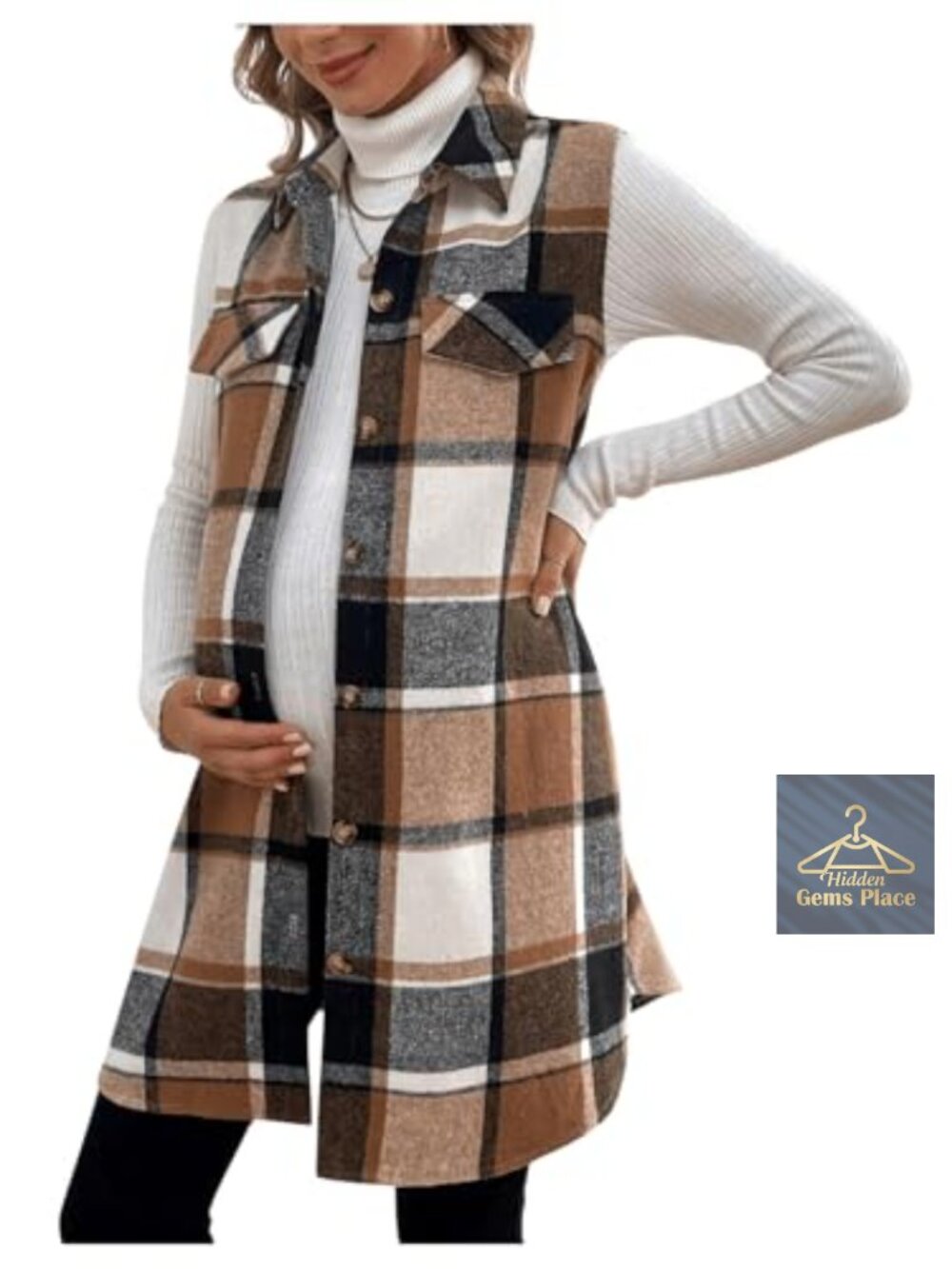 Maternity Plaid Flannel Vest Collared Button Down Sleeveless Coat